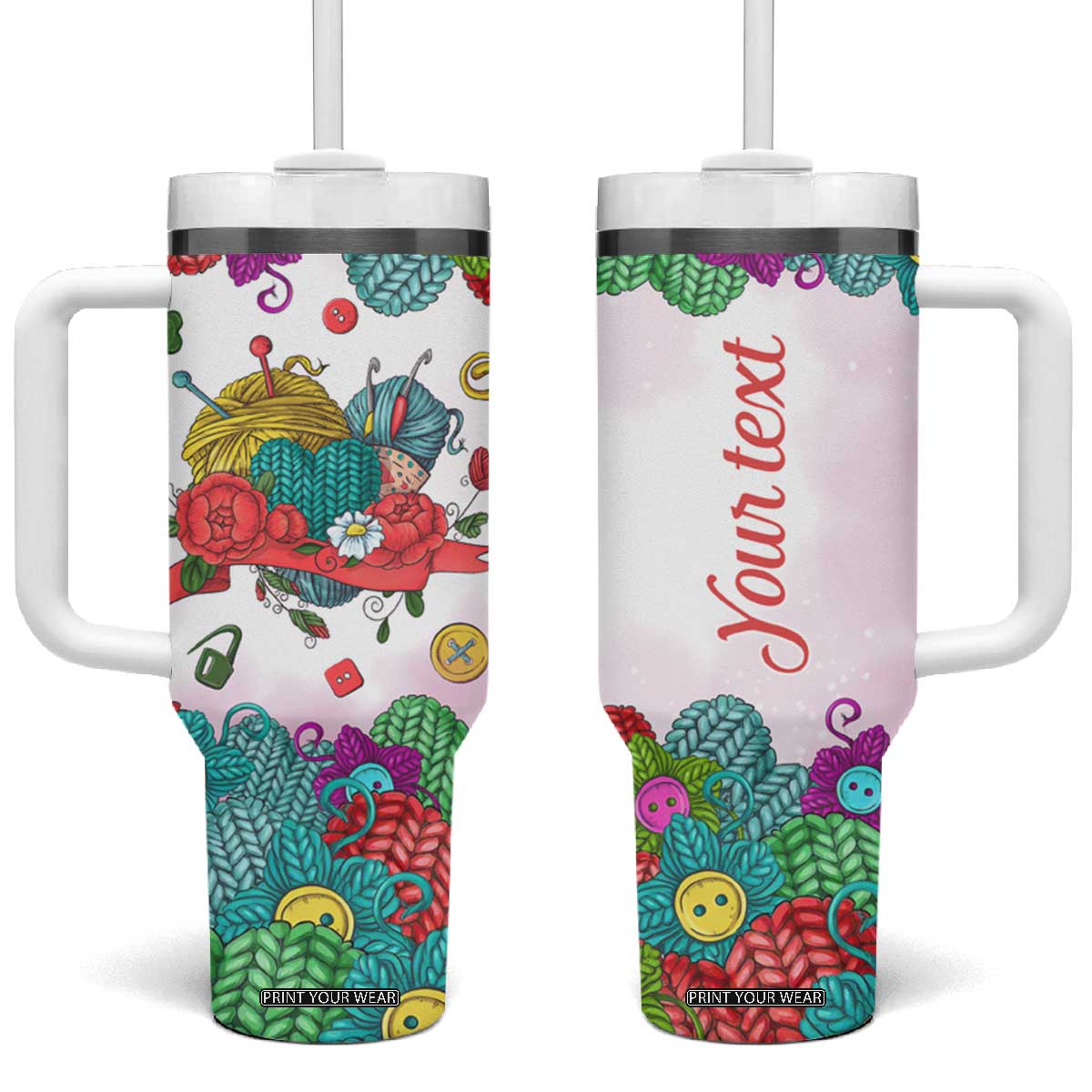 Personalized Knitting Lover Tumbler With Handle with Yarn and Needles Illustration TS04 One Size: 40 oz Multicolor Print Your Wear