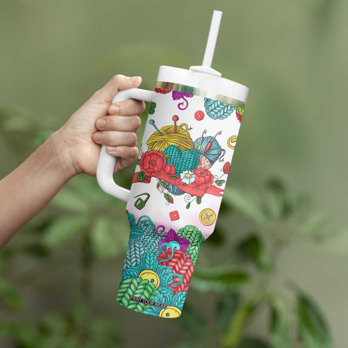 Personalized Knitting Lover Tumbler With Handle with Yarn and Needles Illustration TS04 Print Your Wear