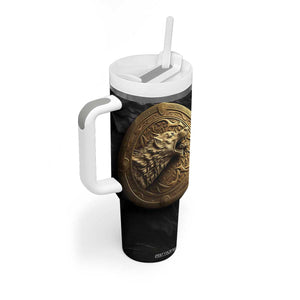 Personalized Knotwork Fenrir Wolf Tumbler With Handle with Golden Metallic Style TS04 Print Your Wear