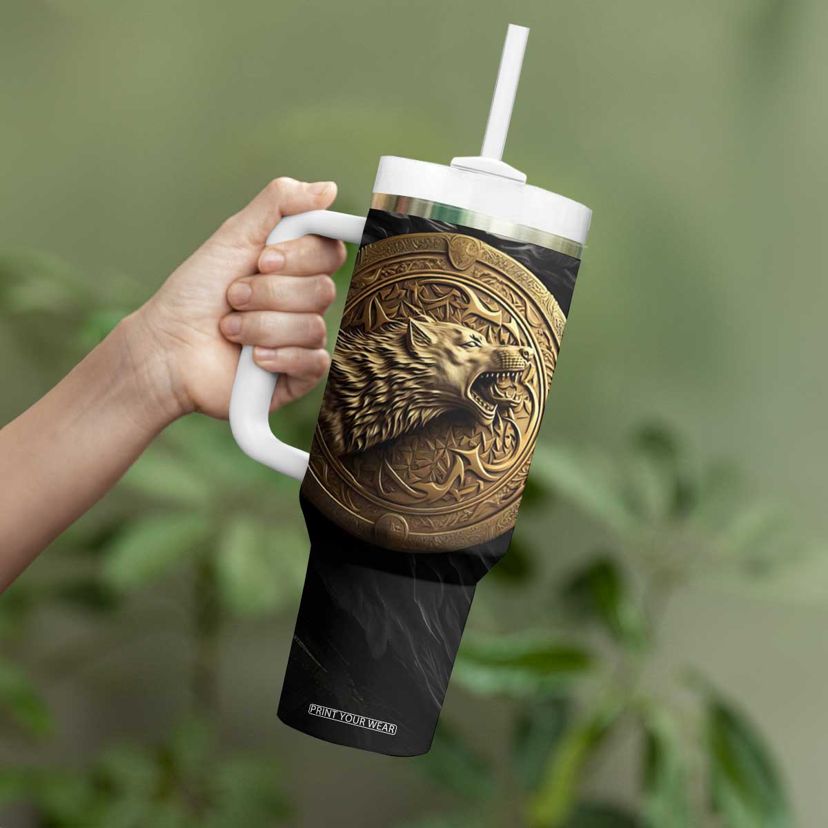 Personalized Knotwork Fenrir Wolf Tumbler With Handle with Golden Metallic Style TS04 Print Your Wear