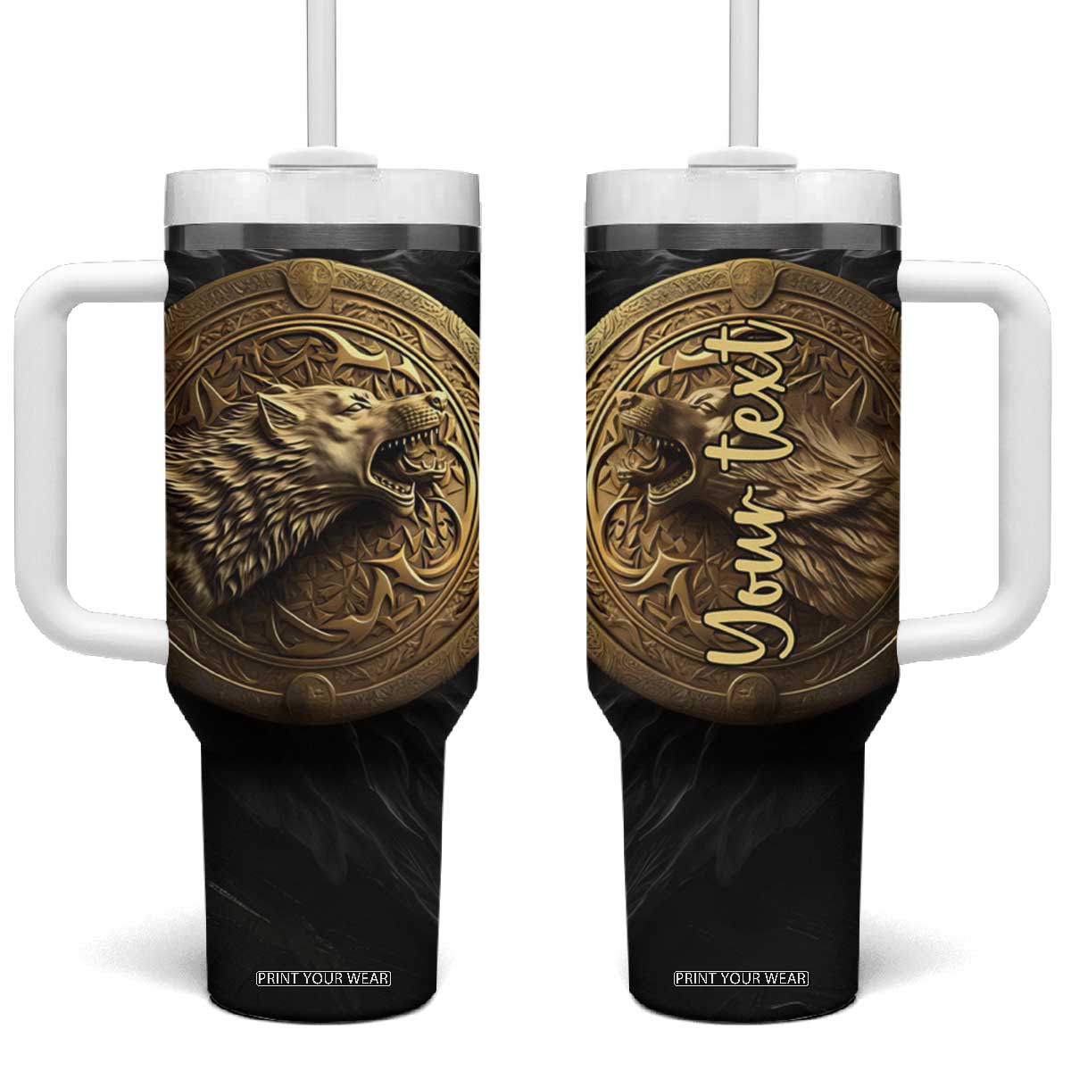 Personalized Knotwork Fenrir Wolf Tumbler With Handle with Golden Metallic Style TS04 One Size: 40 oz Multicolor Print Your Wear