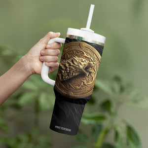 Personalized Knotwork Fenrir Wolf Tumbler With Handle with Golden Metallic Style TS04 Print Your Wear