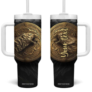 Personalized Knotwork Fenrir Wolf Tumbler With Handle with Golden Metallic Style TS04 One Size: 40 oz Multicolor Print Your Wear