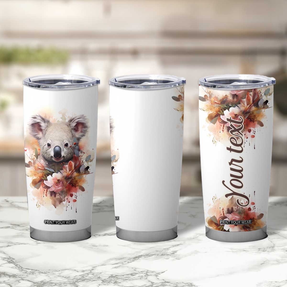 Personalized Koala Tumbler Cup with Vintage Floral Style Illustration TS04 Print Your Wear