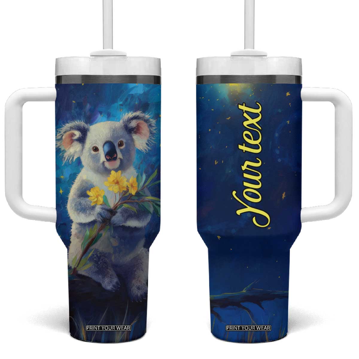 Personalized Koala Tumbler With Handle with Flower and Starry Night Background TS04 One Size: 40 oz Multicolor Print Your Wear