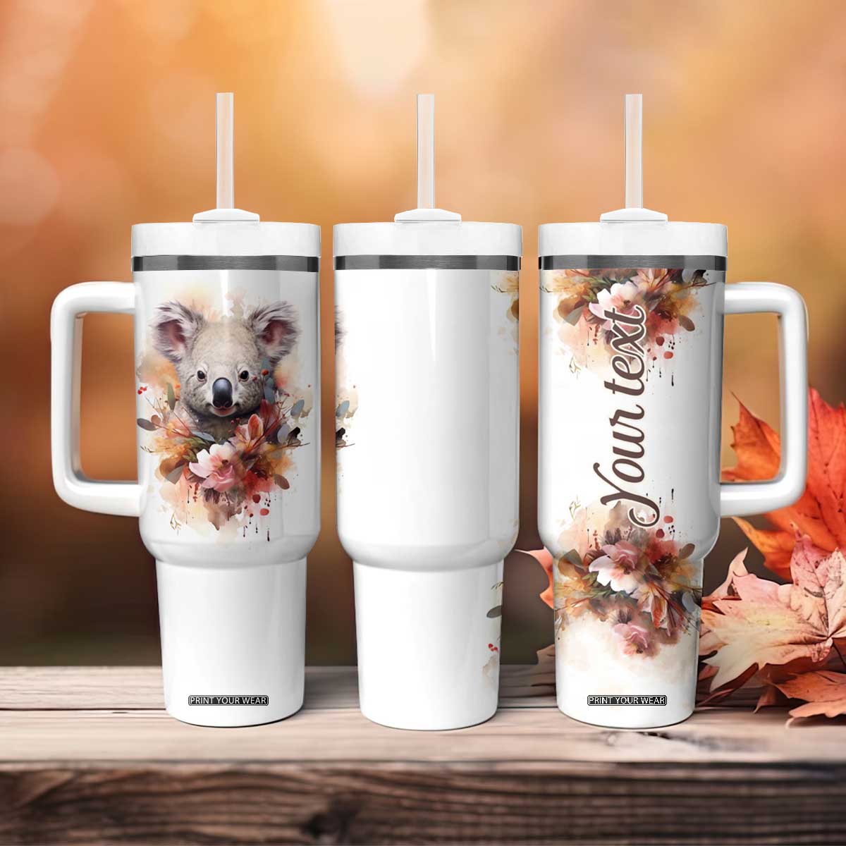 Personalized Koala Tumbler With Handle with Vintage Floral Style Illustration TS04 Print Your Wear