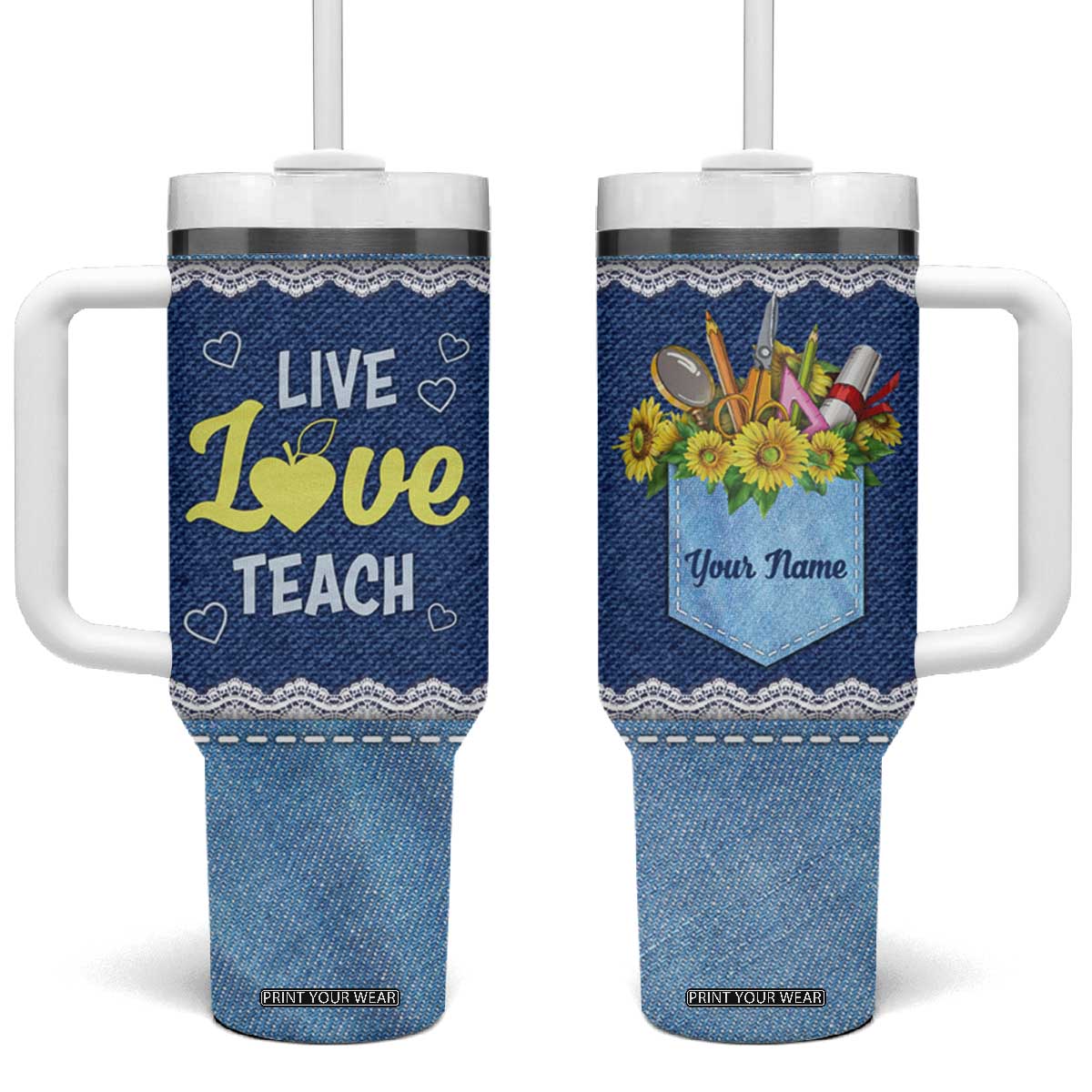 Personalized Live Love Teach Tumbler With Handle Motivational Typography Style TS04 One Size: 40 oz Multicolor Print Your Wear