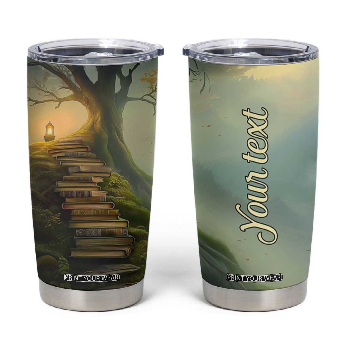 Personalized Magical Tree Tumbler Cup with Book Staircase and Lantern Fantasy Art TS04 Multicolor Print Your Wear
