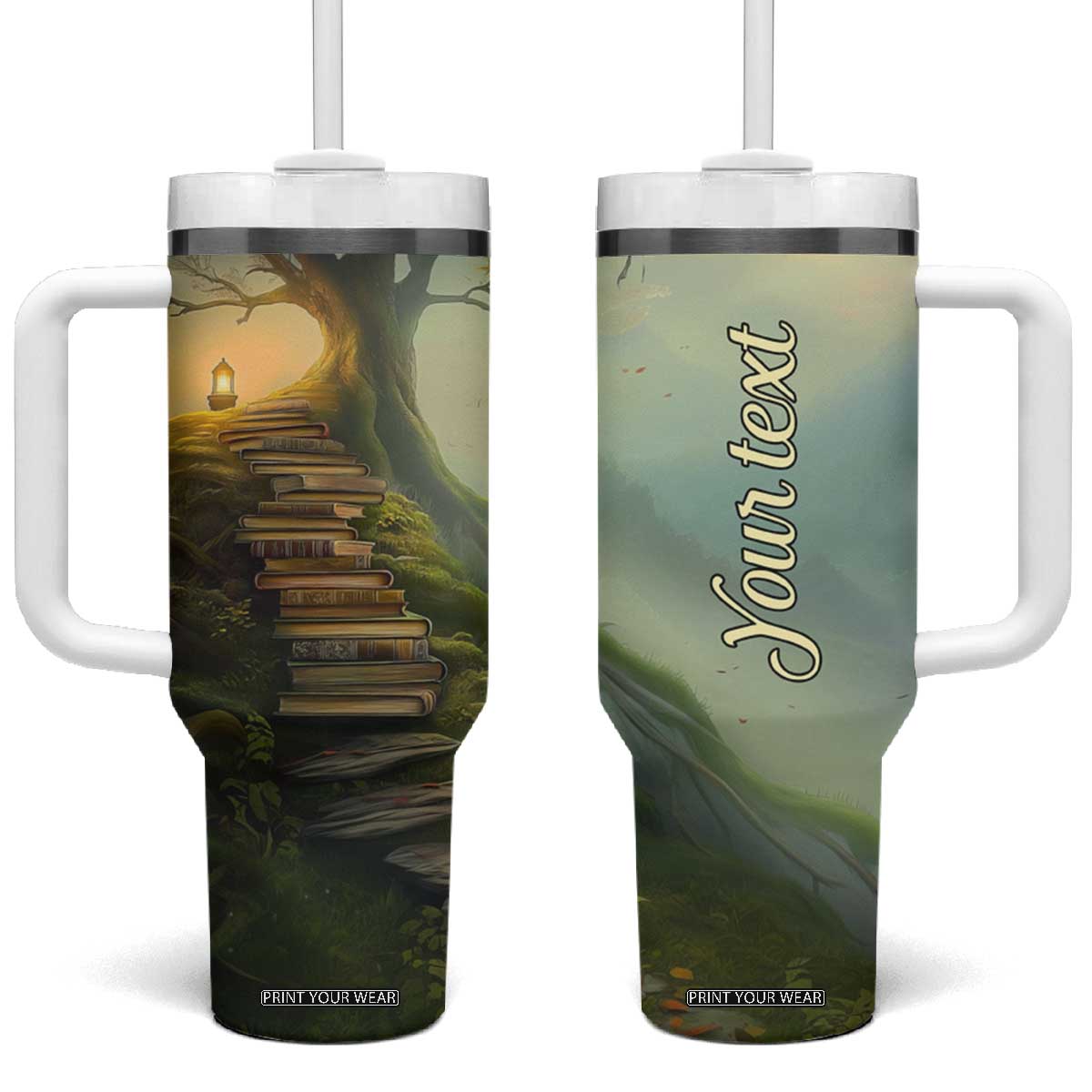 Personalized Magical Tree Tumbler With Handle with Book Staircase and Lantern Fantasy Art TS04 One Size: 40 oz Multicolor Print Your Wear