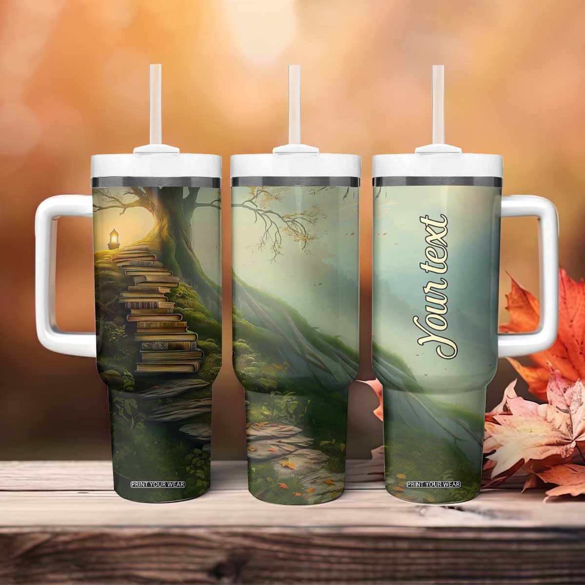Personalized Magical Tree Tumbler With Handle with Book Staircase and Lantern Fantasy Art TS04 Print Your Wear