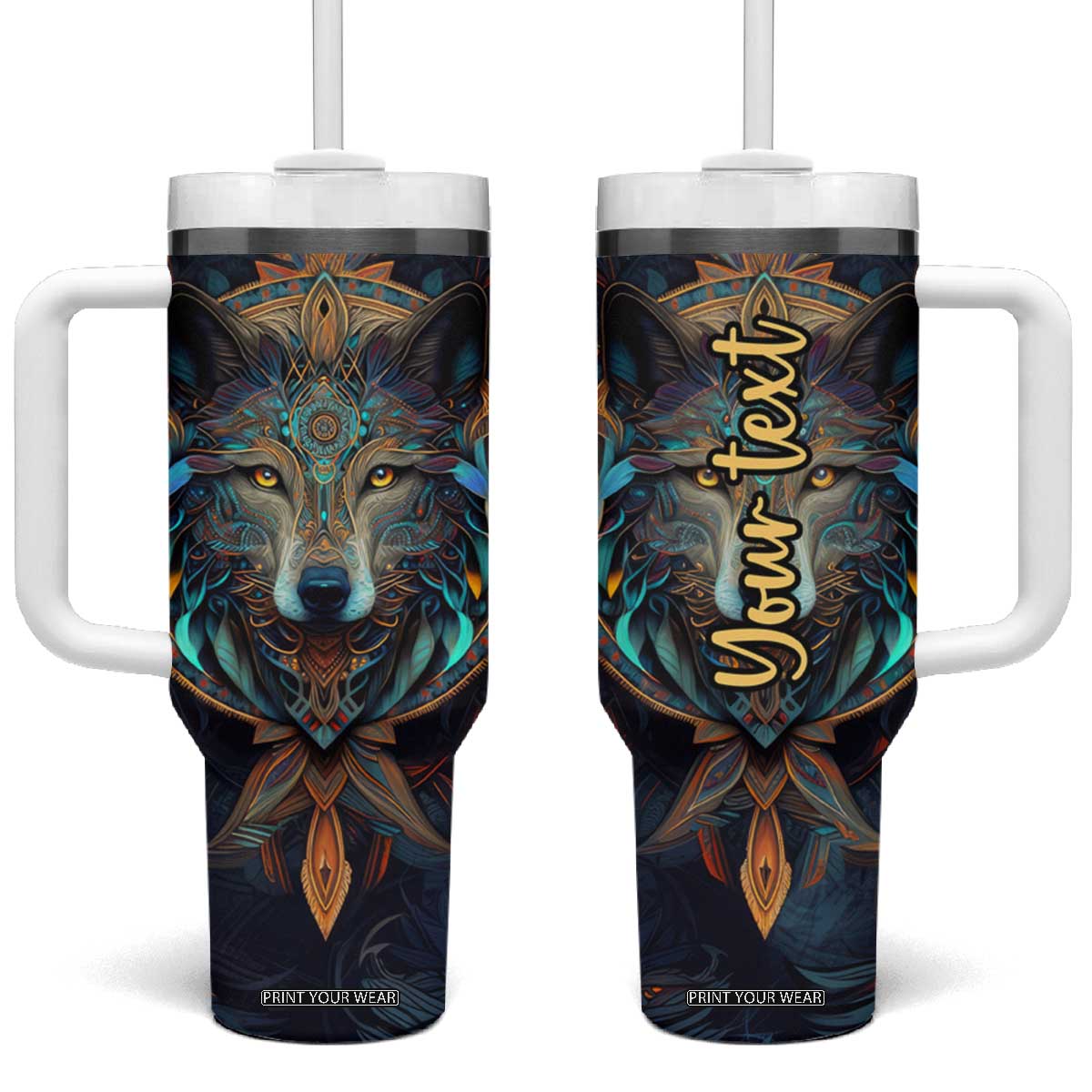 Personalized Mandala Wolf Tumbler With Handle with Intricate Pattern Illustration TS04 One Size: 40 oz Multicolor Print Your Wear
