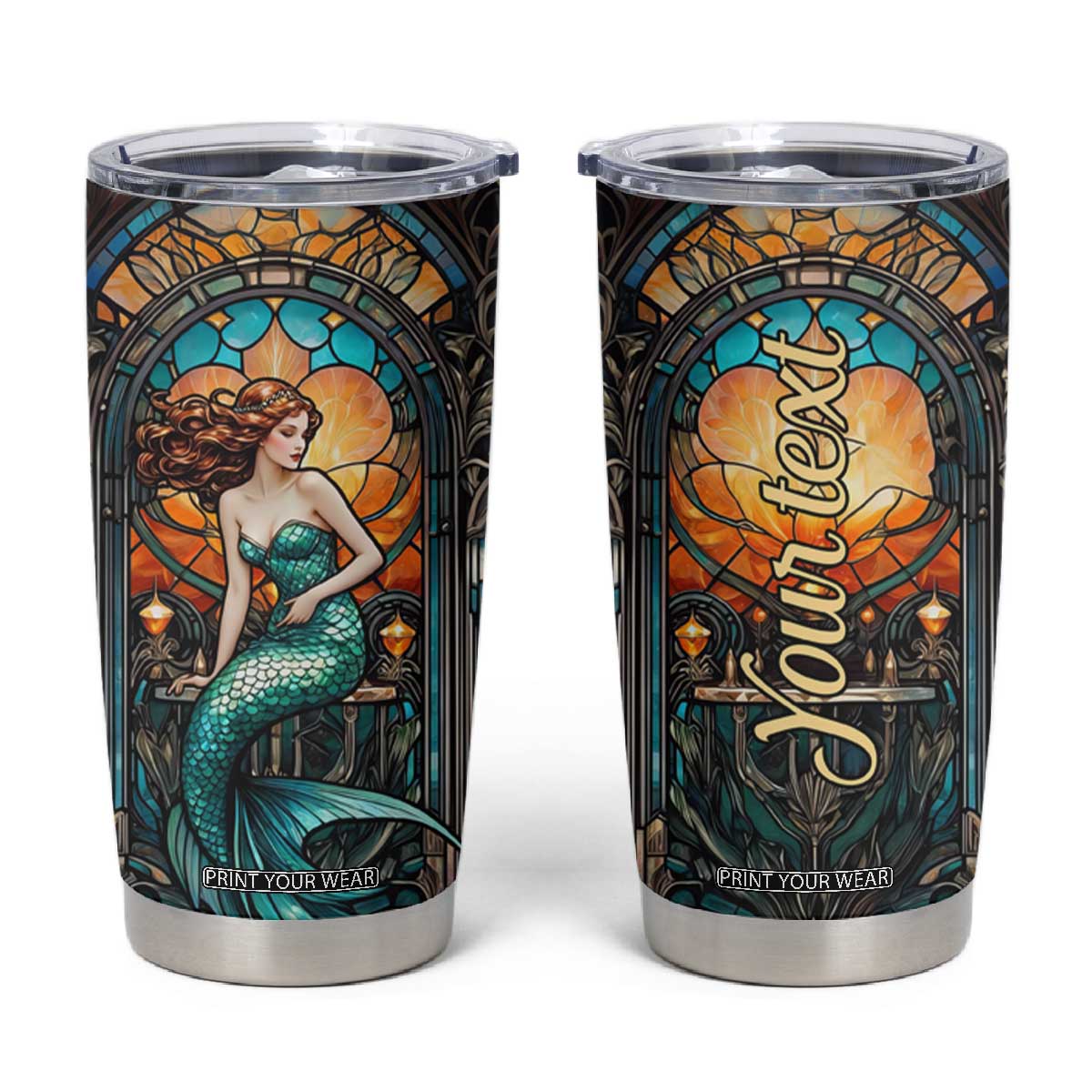 Personalized Mermaid Tumbler Cup with Stained Glass Style Illustration TS04 Multicolor Print Your Wear