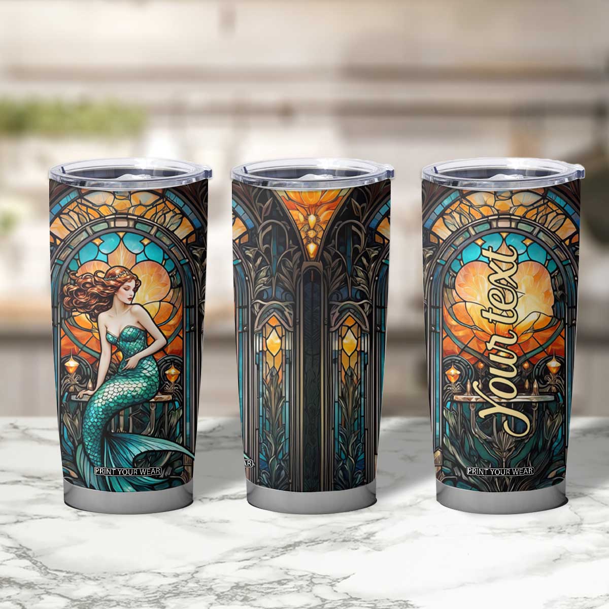 Personalized Mermaid Tumbler Cup with Stained Glass Style Illustration TS04 Print Your Wear
