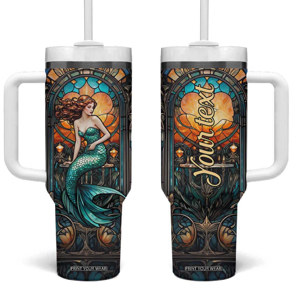 Personalized Mermaid Tumbler With Handle with Stained Glass Style Illustration TS04 One Size: 40 oz Multicolor Print Your Wear