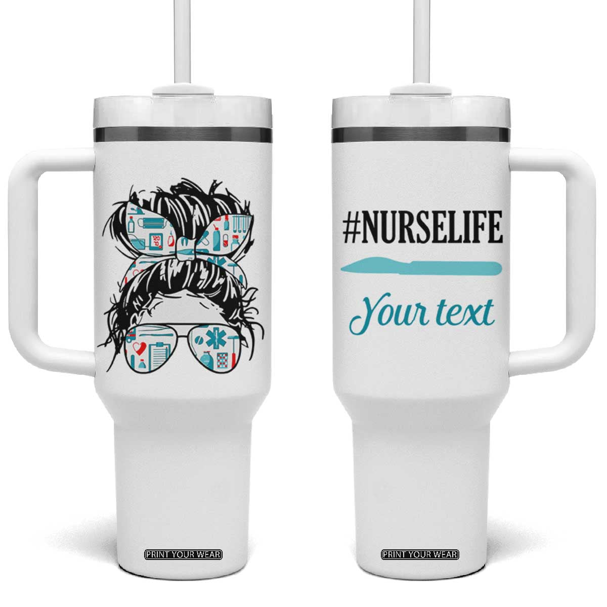 Personalized Nurse Life Tumbler With Handle with Medical Theme Typography TS04 One Size: 40 oz Multicolor Print Your Wear