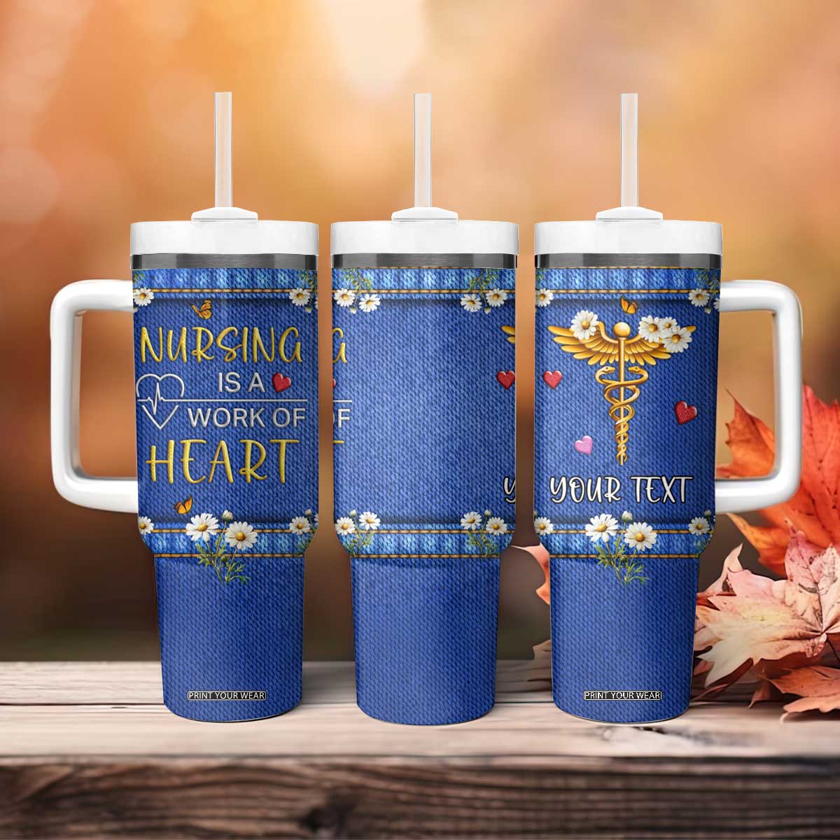 Personalized Nursing Tumbler With Handle Quote Nursing Is A Work Of Heart Typography TS04 Print Your Wear
