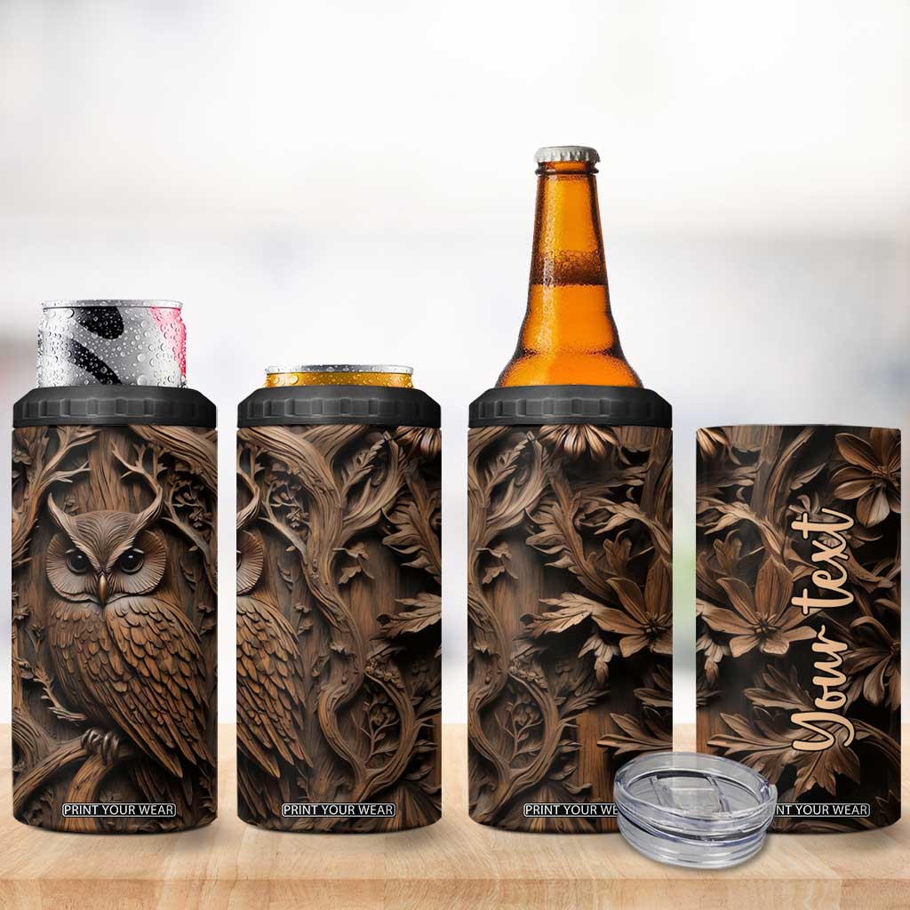 Personalized Owl 4 in 1 Can Cooler Tumbler in Night Forest with Leather Carving Style TS04 Print Your Wear