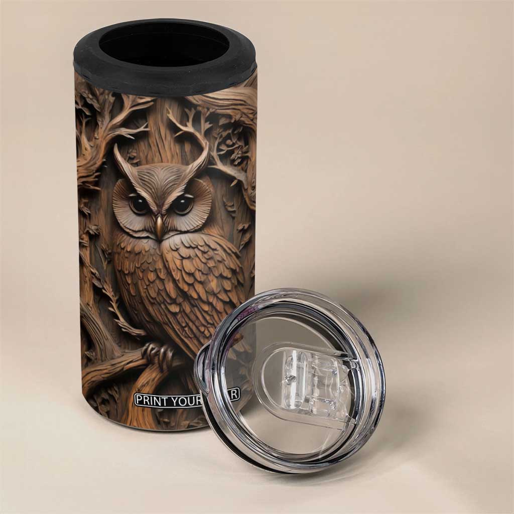 Personalized Owl 4 in 1 Can Cooler Tumbler in Night Forest with Leather Carving Style TS04 Print Your Wear