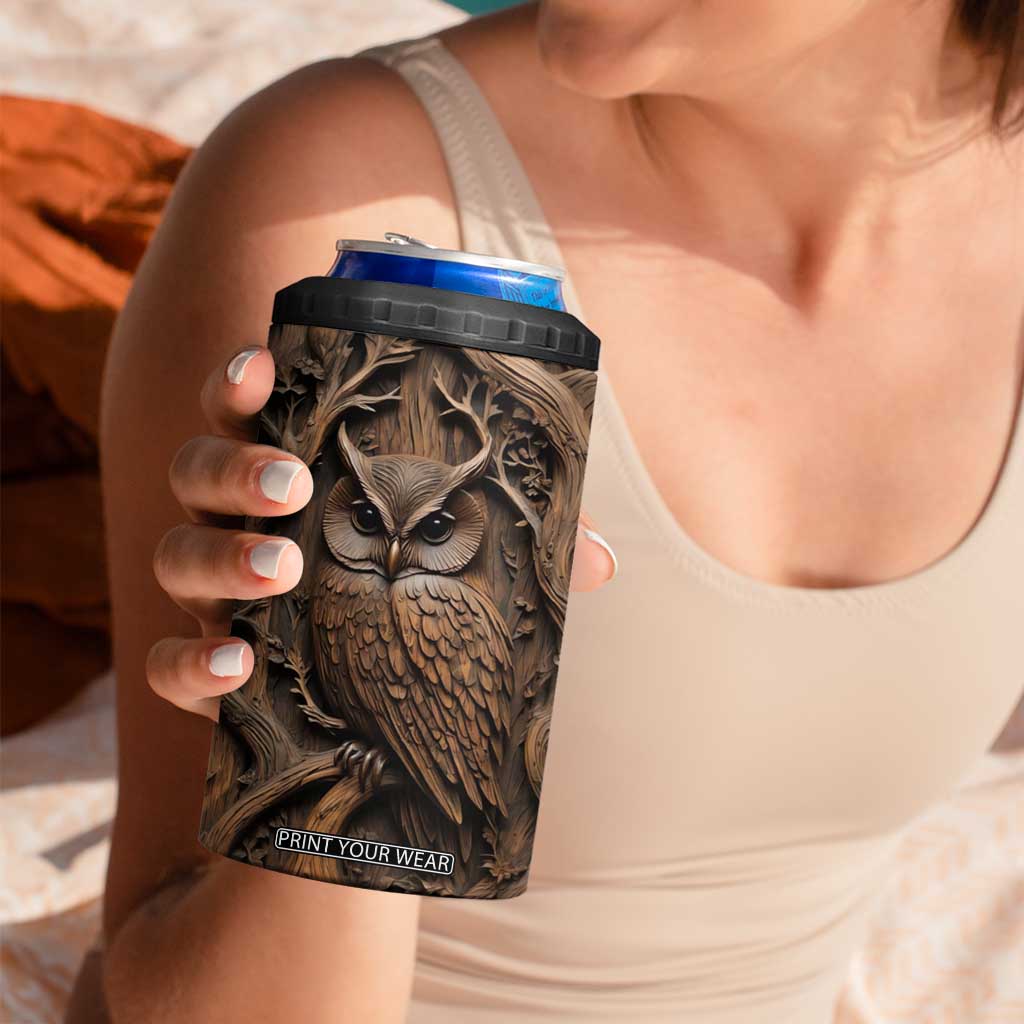 Personalized Owl 4 in 1 Can Cooler Tumbler in Night Forest with Leather Carving Style TS04 Print Your Wear