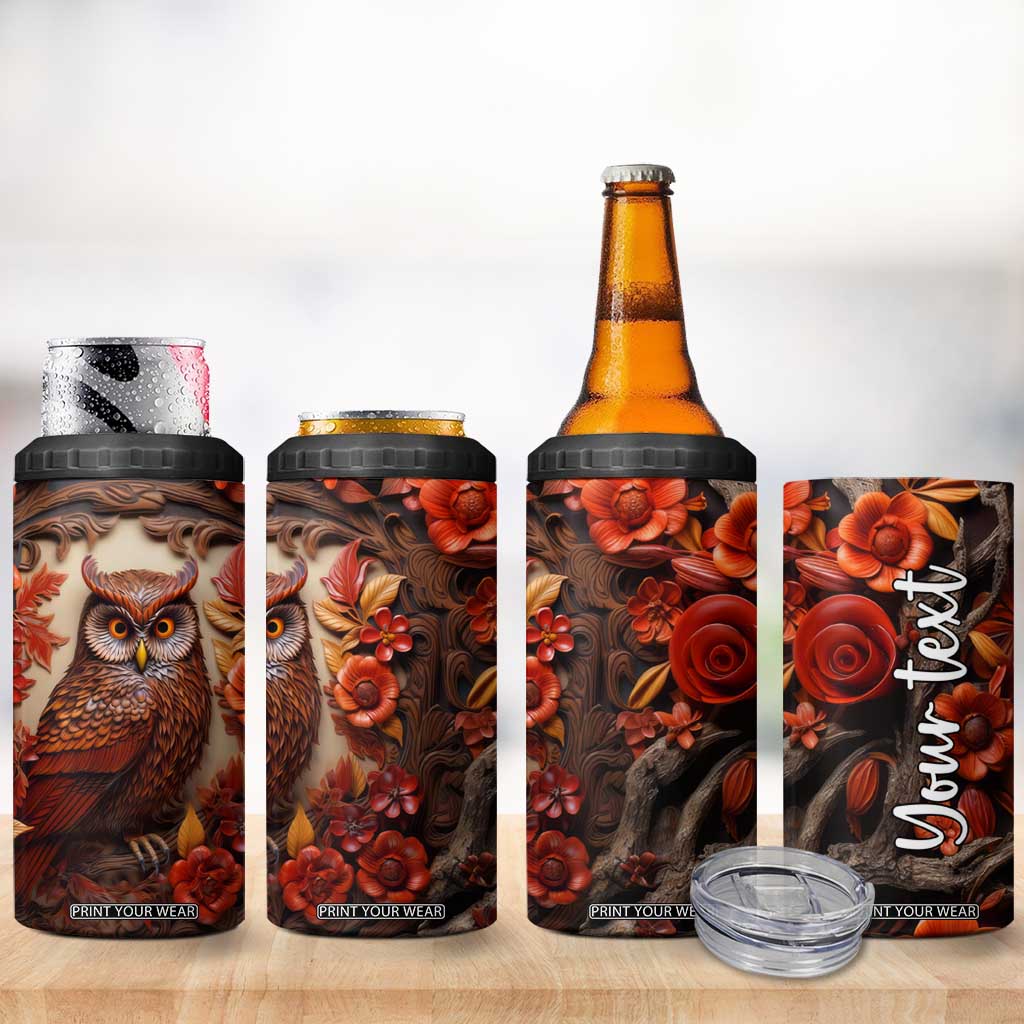 Personalized Owl 4 in 1 Can Cooler Tumbler with Leather Carving Artistic Design TS04 Print Your Wear