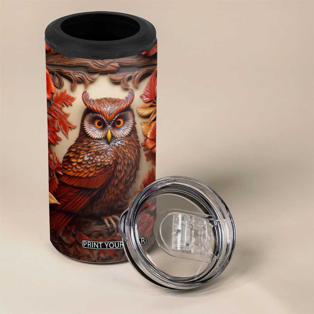 Personalized Owl 4 in 1 Can Cooler Tumbler with Leather Carving Artistic Design TS04 Print Your Wear