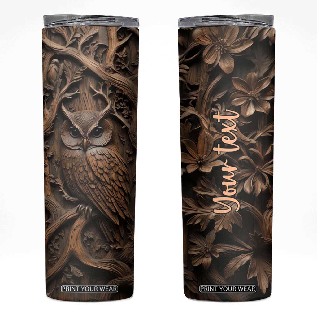 Personalized Owl Skinny Tumbler in Night Forest with Leather Carving Style TS04 Multicolor Print Your Wear