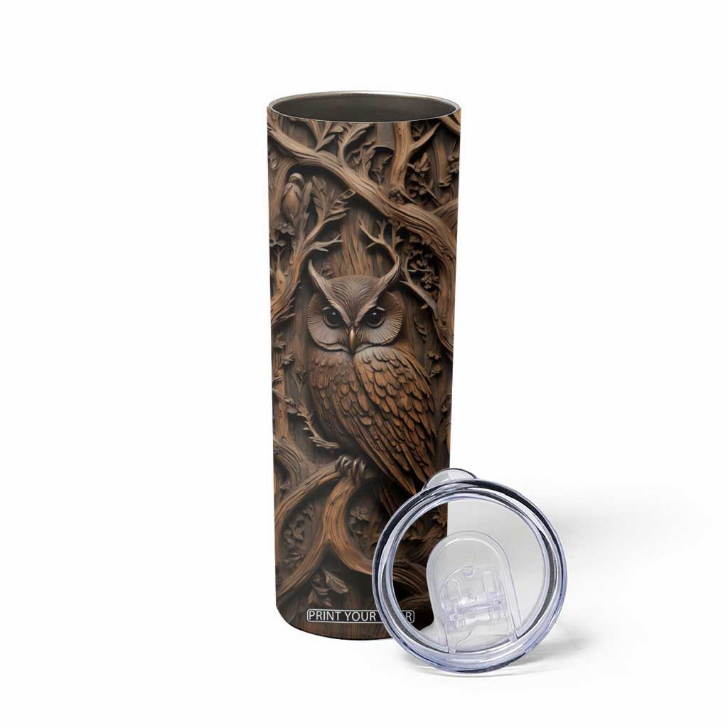 Personalized Owl Skinny Tumbler in Night Forest with Leather Carving Style TS04 Print Your Wear