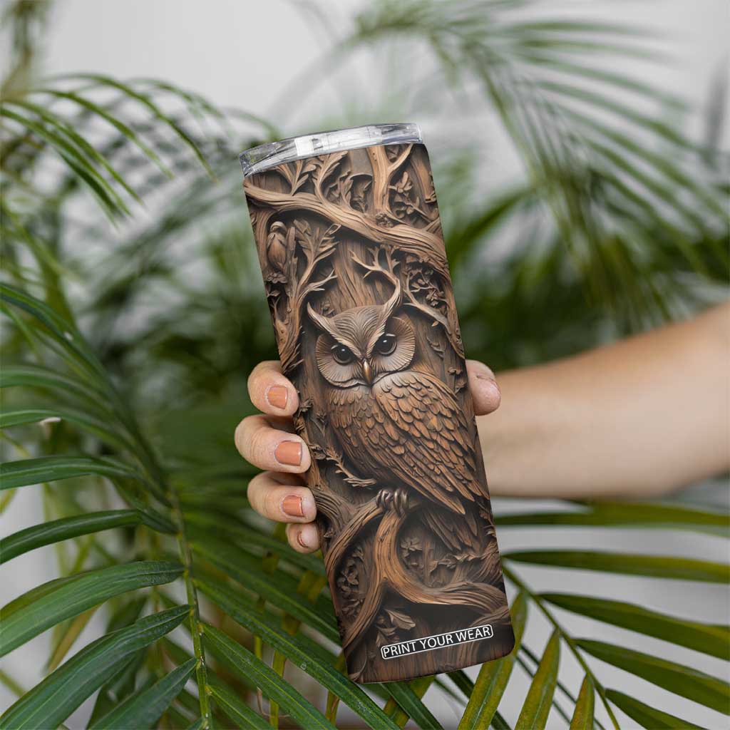 Personalized Owl Skinny Tumbler in Night Forest with Leather Carving Style TS04 Print Your Wear