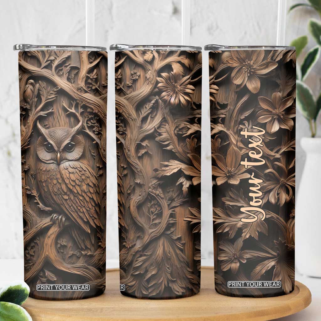Personalized Owl Skinny Tumbler in Night Forest with Leather Carving Style TS04 Print Your Wear