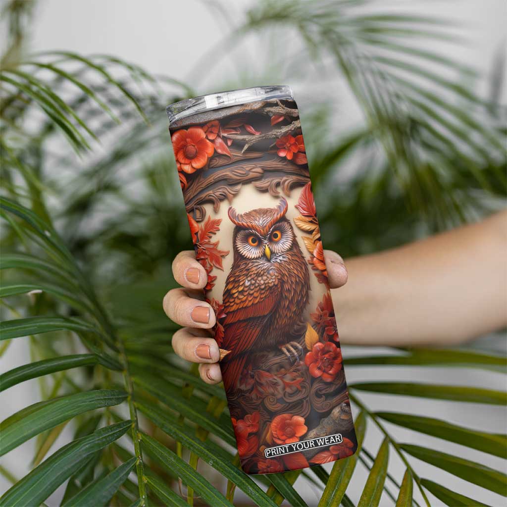 Personalized Owl Skinny Tumbler with Leather Carving Artistic Design TS04 Print Your Wear