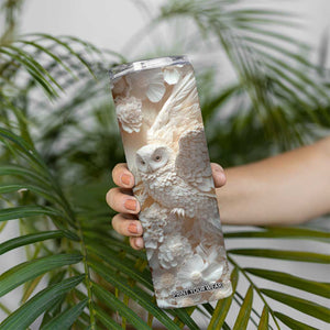 Personalized Owl Skinny Tumbler with Plaster Carving Style Illustration TS04 Print Your Wear