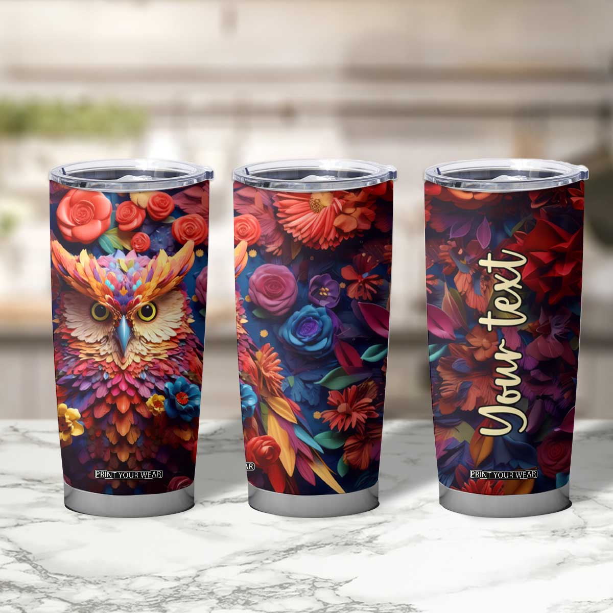 Personalized Owl Tumbler Cup in Colorful Garden with Plaster Carving Design TS04 Print Your Wear