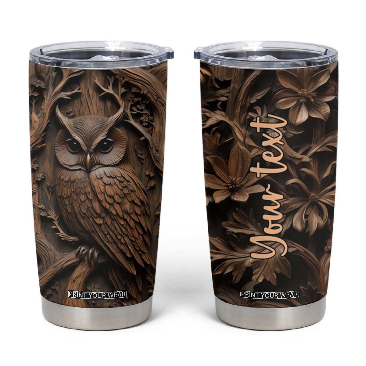 Personalized Owl Tumbler Cup in Night Forest with Leather Carving Style TS04 Multicolor Print Your Wear