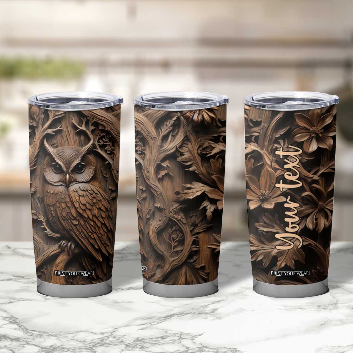 Personalized Owl Tumbler Cup in Night Forest with Leather Carving Style TS04 Print Your Wear