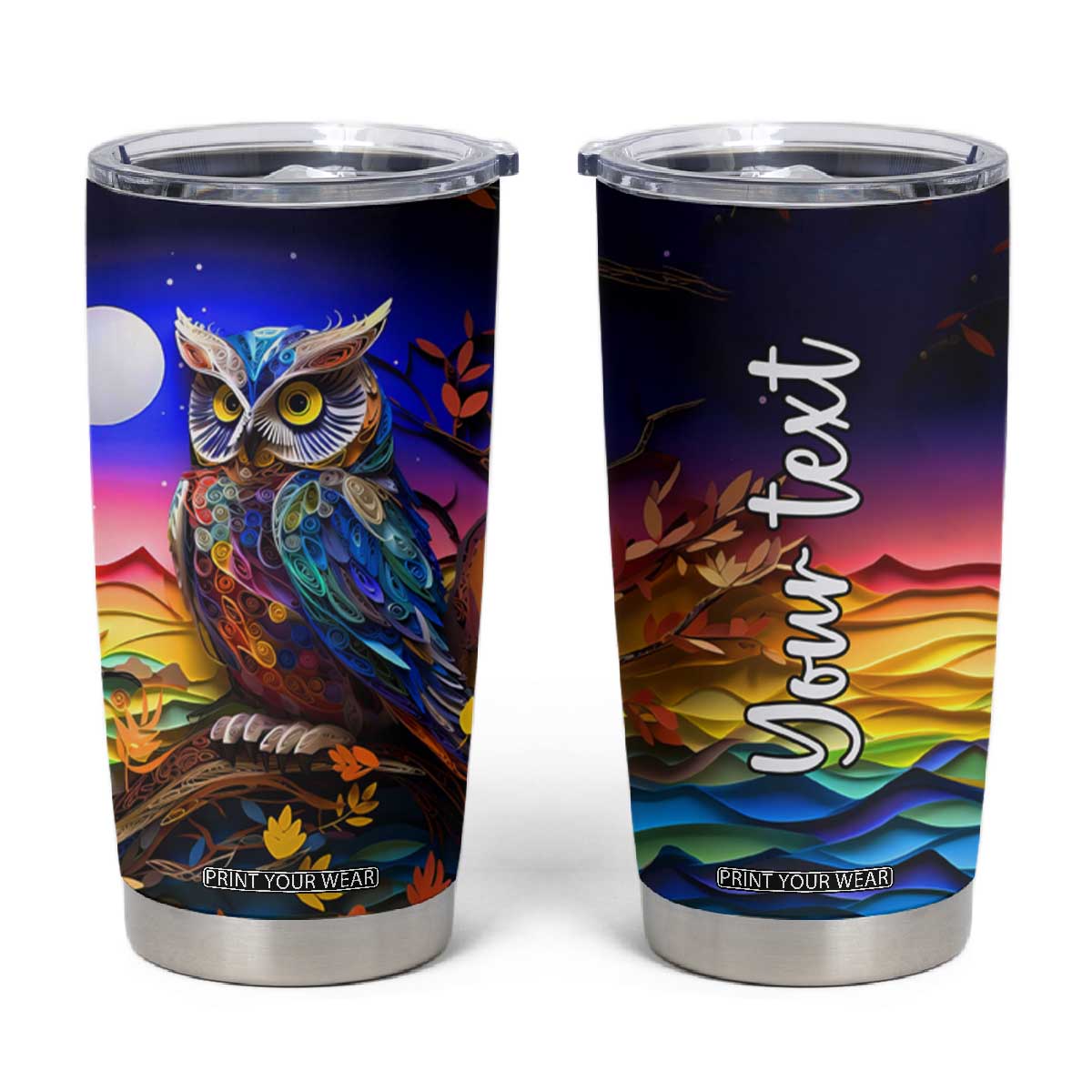 Personalized Owl Tumbler Cup in Night Forest with Paper Quilling Design TS04 Multicolor Print Your Wear