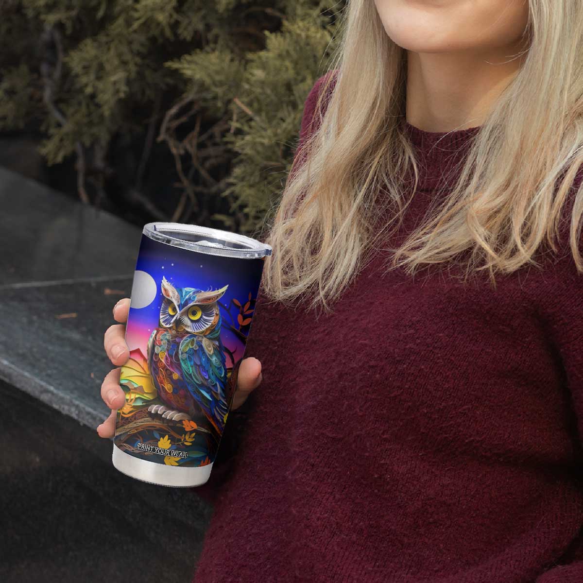 Personalized Owl Tumbler Cup in Night Forest with Paper Quilling Design TS04 Print Your Wear