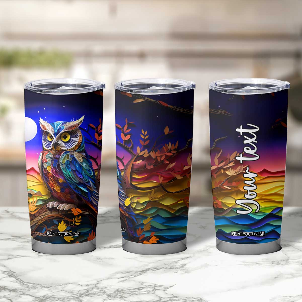 Personalized Owl Tumbler Cup in Night Forest with Paper Quilling Design TS04 Print Your Wear
