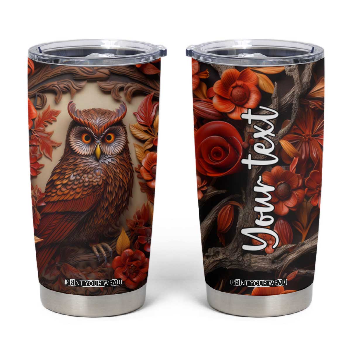 Personalized Owl Tumbler Cup with Leather Carving Artistic Design TS04 Multicolor Print Your Wear