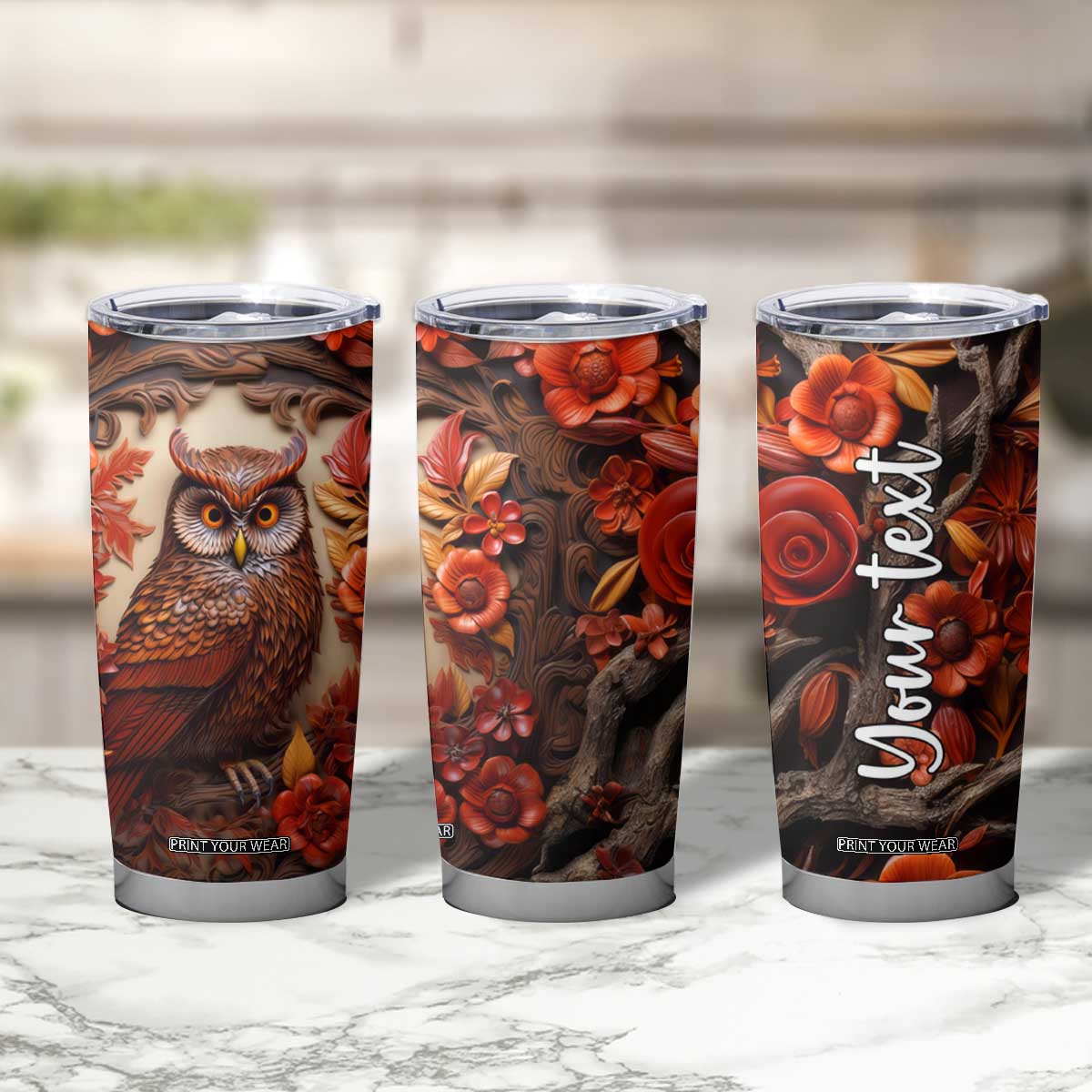 Personalized Owl Tumbler Cup with Leather Carving Artistic Design TS04 Print Your Wear