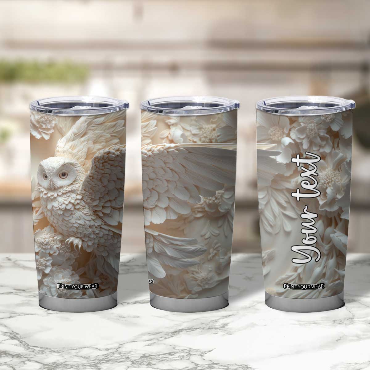 Personalized Owl Tumbler Cup with Plaster Carving Style Illustration TS04 Print Your Wear