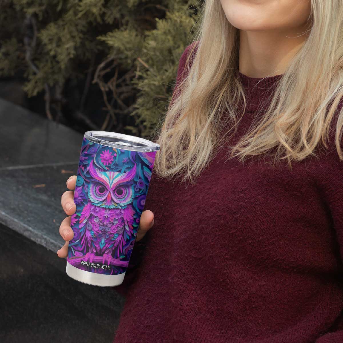 Personalized Owl Tumbler Cup with Purple Pink Flowers Paper Quilling Style TS04 Print Your Wear