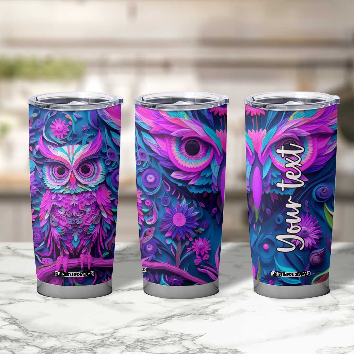 Personalized Owl Tumbler Cup with Purple Pink Flowers Paper Quilling Style TS04 Print Your Wear