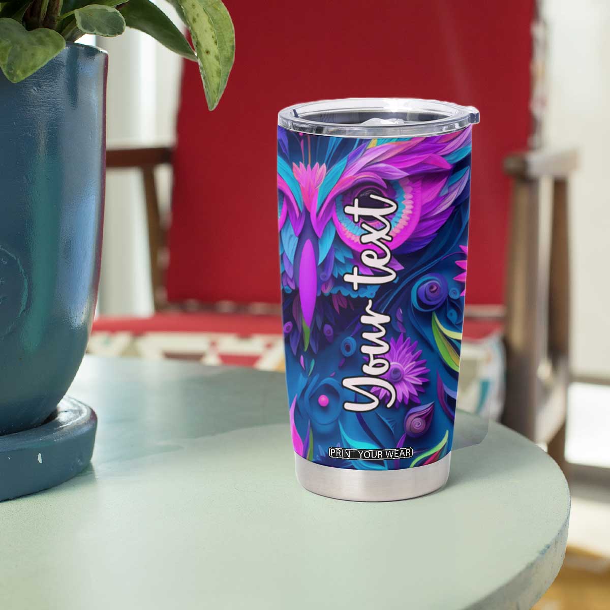 Personalized Owl Tumbler Cup with Purple Pink Flowers Paper Quilling Style TS04 Print Your Wear