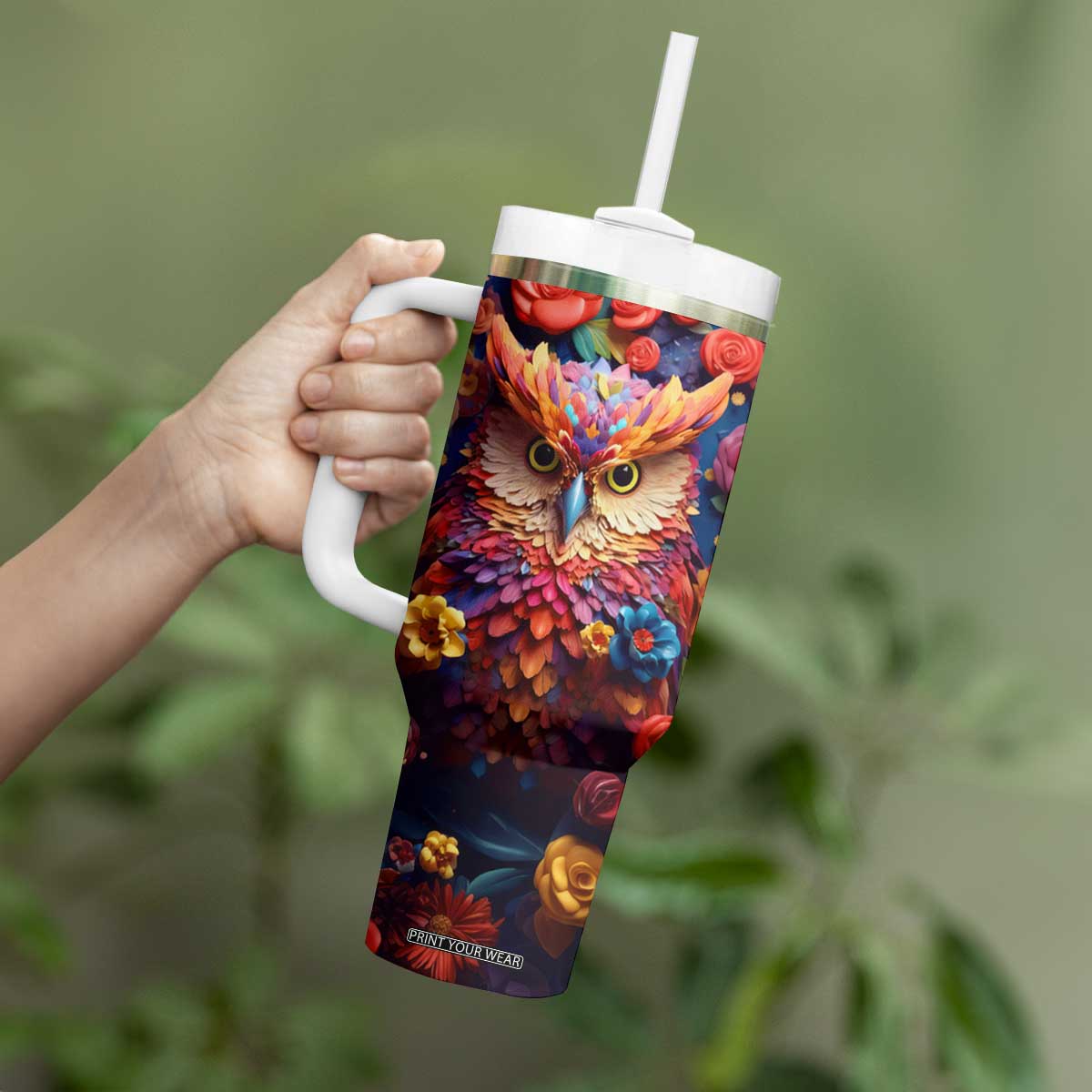 Personalized Owl Tumbler With Handle in Colorful Garden with Plaster Carving Design TS04 Print Your Wear