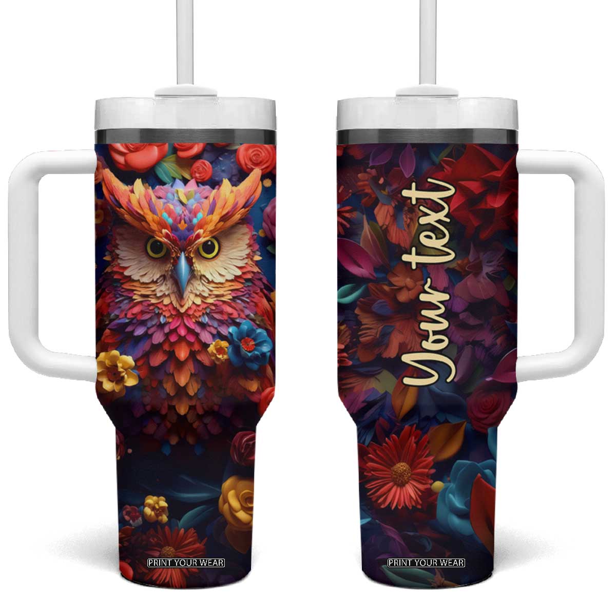 Personalized Owl Tumbler With Handle in Colorful Garden with Plaster Carving Design TS04 One Size: 40 oz Multicolor Print Your Wear
