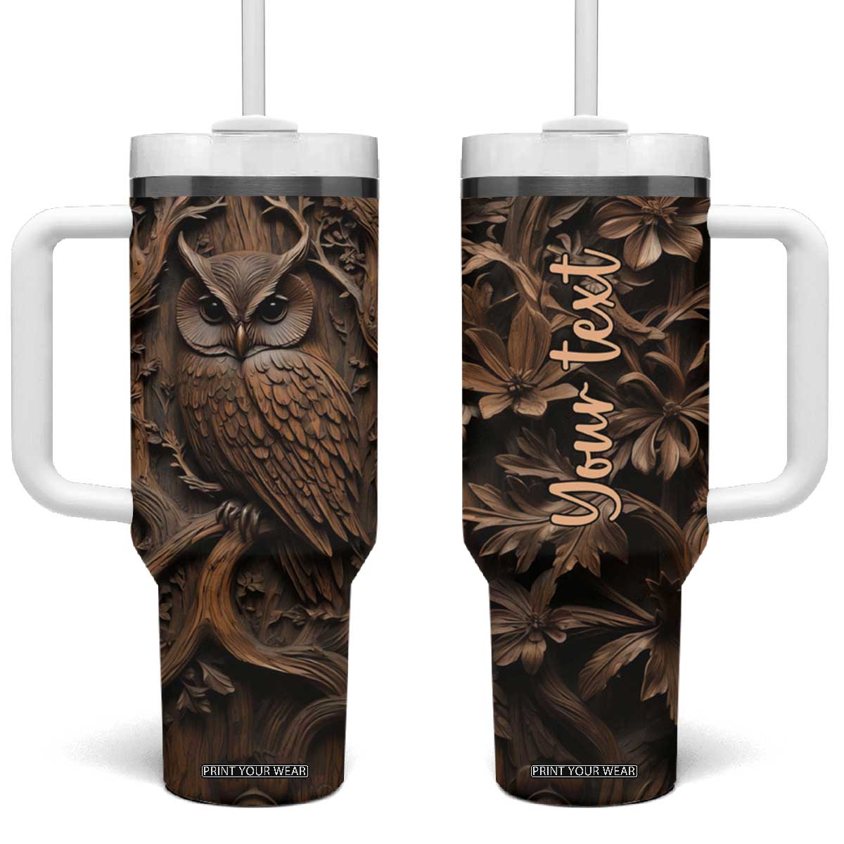 Personalized Owl Tumbler With Handle in Night Forest with Leather Carving Style TS04 One Size: 40 oz Multicolor Print Your Wear