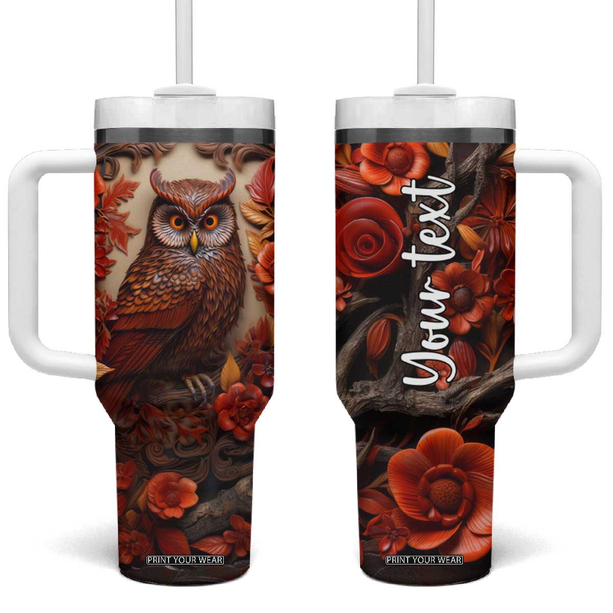 Personalized Owl Tumbler With Handle with Leather Carving Artistic Design TS04 One Size: 40 oz Multicolor Print Your Wear