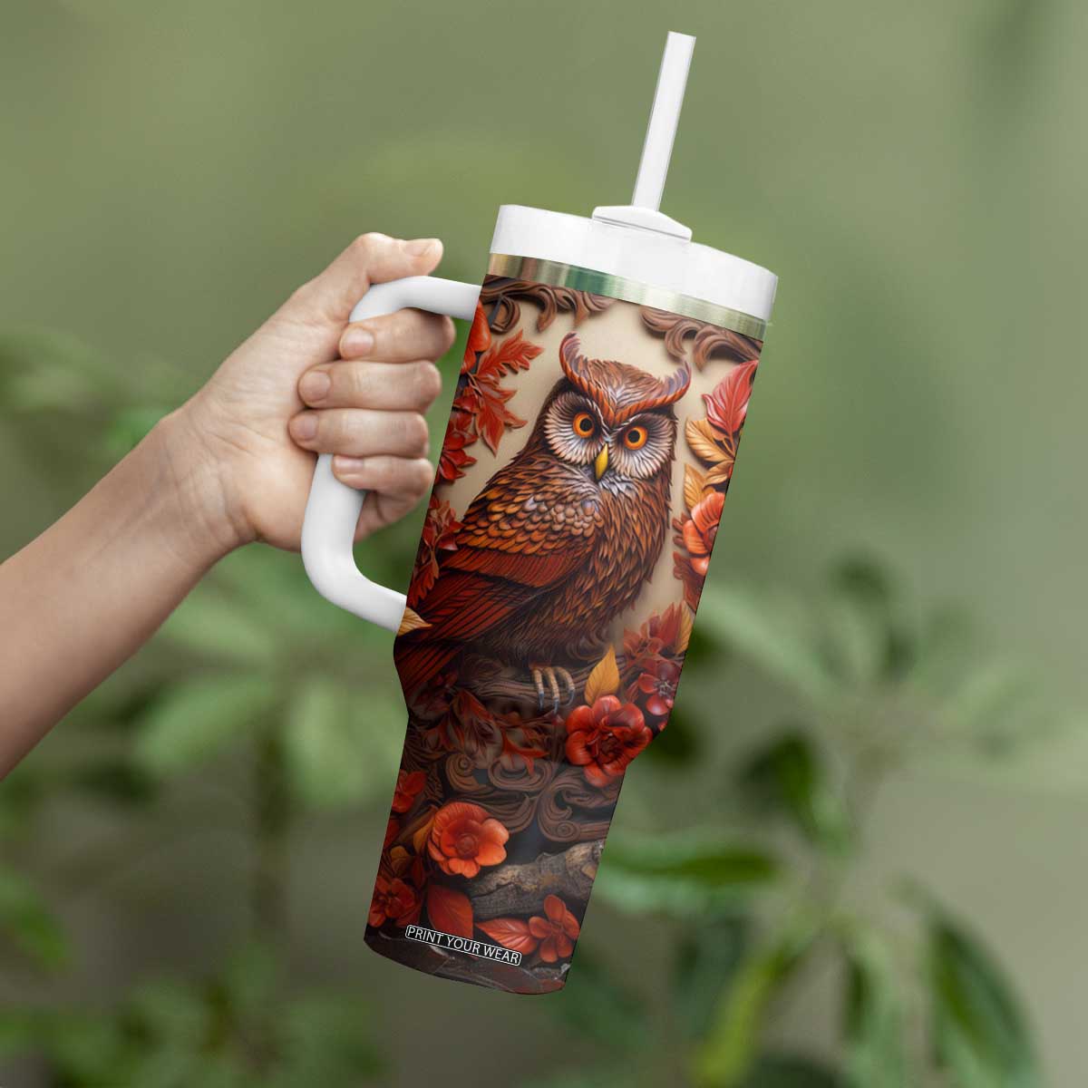 Personalized Owl Tumbler With Handle with Leather Carving Artistic Design TS04 Print Your Wear