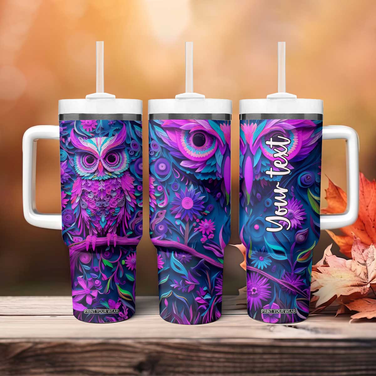 Personalized Owl Tumbler With Handle with Purple Pink Flowers Paper Quilling Style TS04 Print Your Wear