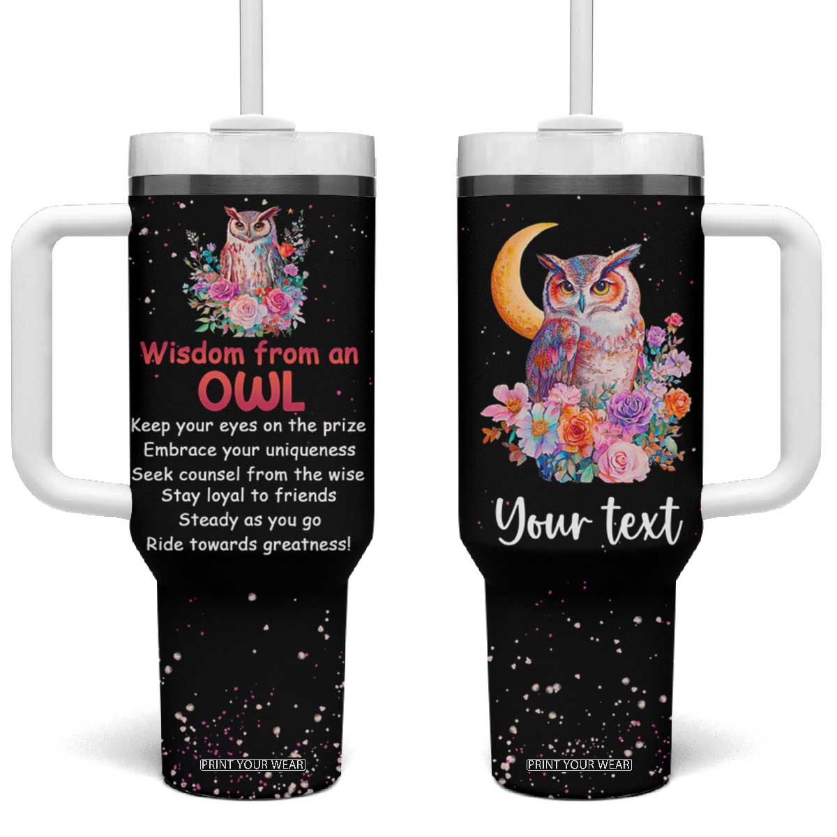Personalized Owl Tumbler With Handle with Wisdom From An Owl Message TS04 One Size: 40 oz Multicolor Print Your Wear